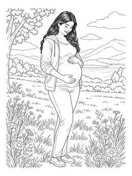 A pregnant woman coloring page showing an expectant mother resting her hands on her belly outdoors.