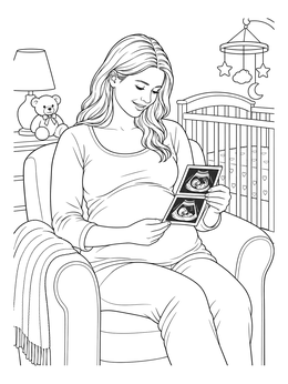 A peaceful pregnant woman coloring page showing a mother holding ultrasound scans in a nursery.