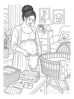 A pregnant woman coloring page showing an expectant mother folding baby clothes next to a wicker bassinet.