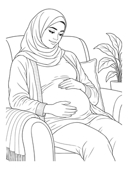 Pregnant woman coloring page relaxing comfortably in an armchair.
