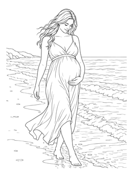 Serene pregnant woman coloring page walking barefoot along the ocean shoreline.