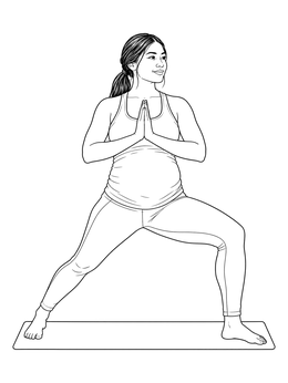 Pregnant woman coloring page showing a serene yoga warrior stance on a mat.