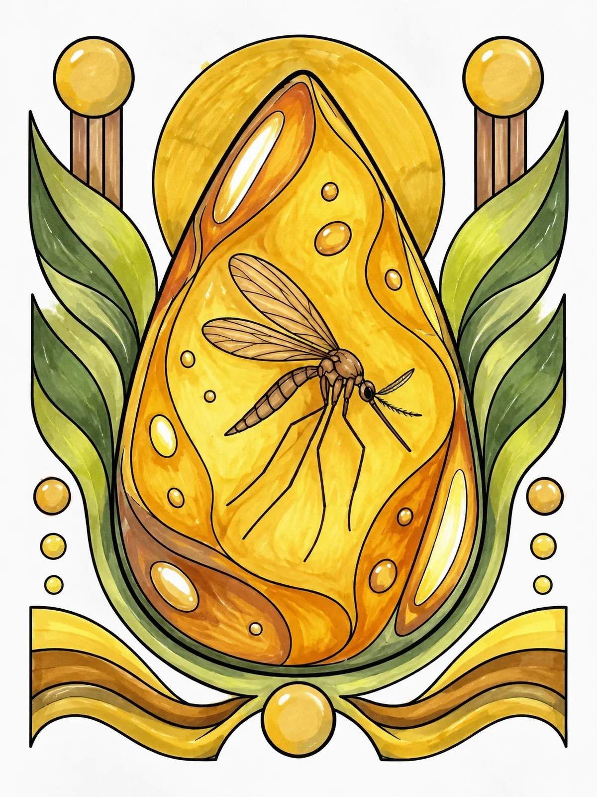 Colored example of the Prehistoric Mosquito In Amber Droplet coloring page