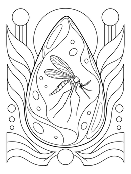 An ornate amber coloring page showing a prehistoric mosquito preserved inside a teardrop gem.