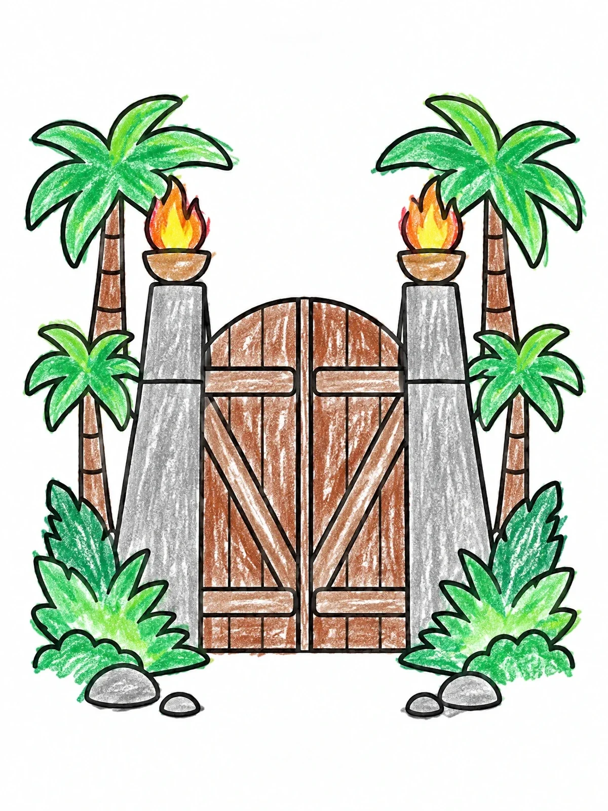 Colored example of the Prehistoric Gate With Torches coloring page