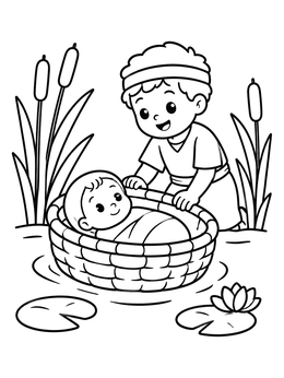 A sweet preschool coloring page featuring baby Moses resting in a floating basket watched by his sister.