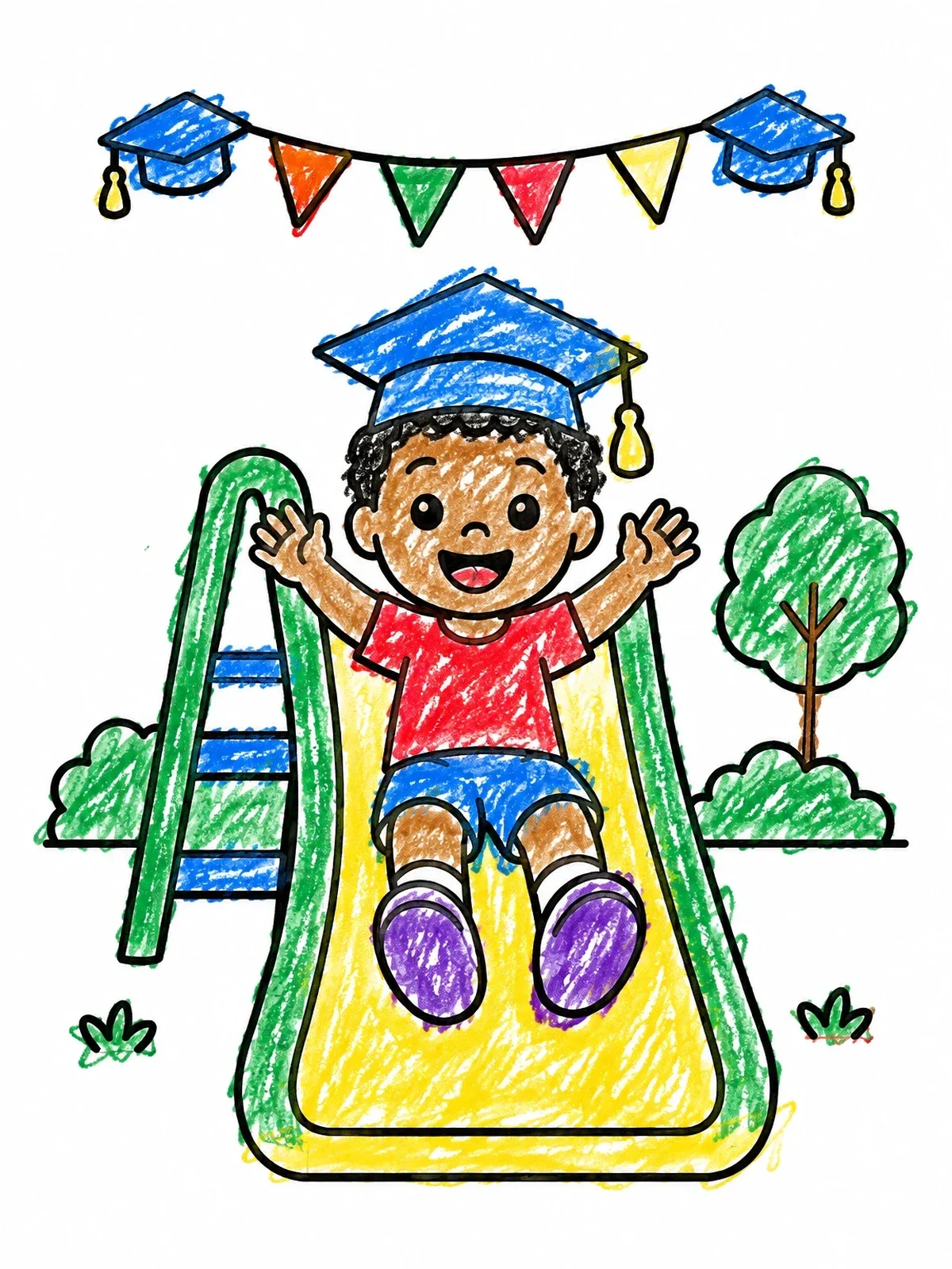 Colored example of the Preschool Boy Sliding In Graduation Cap coloring page