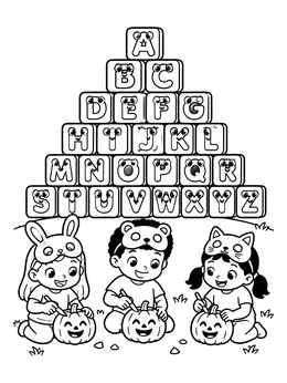 Children in animal masks carving pumpkins near letter blocks in this preschool coloring page.