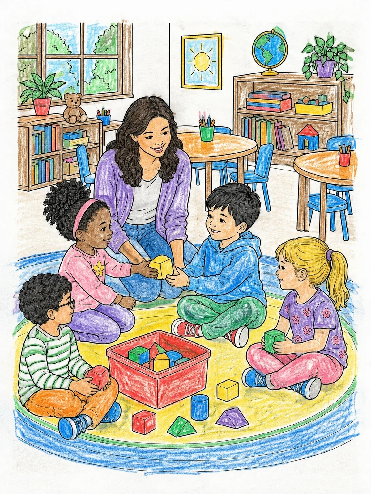 Colored example of the Preschool Children Sharing Building Blocks coloring page