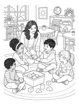 Preschool kids on a rug enjoy this sharing coloring page with their teacher.