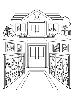 A preschool coloring page featuring a cubby hallway and a kindergarten building outside.