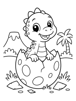 A cheerful baby dinosaur hatching from an egg on this preschool coloring page.