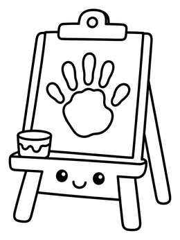 A smiling easel holds a handprint artwork in this preschool coloring page.