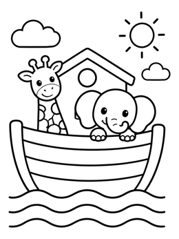 A cheerful preschool coloring page showing a giraffe and baby elephant aboard Noah's ark.