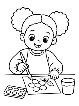 A happy girl painting flowers in this preschool coloring page.