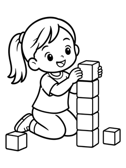 A cheerful preschool coloring page showing a young girl building a tower with square blocks.
