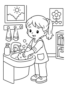 A girl washes her hands with soap bubbles in this preschool coloring page.