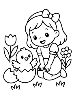 Free printable Girl With Hatching Baby Chick coloring page