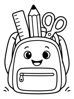 A smiling backpack with scissors, ruler, and pencil in a preschool coloring page.