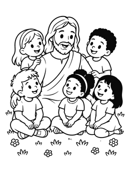 A cheerful preschool coloring page showing Jesus sitting among smiling children on the grass.
