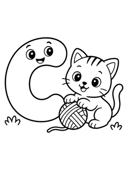 A preschool coloring page featuring a smiling letter C beside a cute kitten with a ball of yarn.