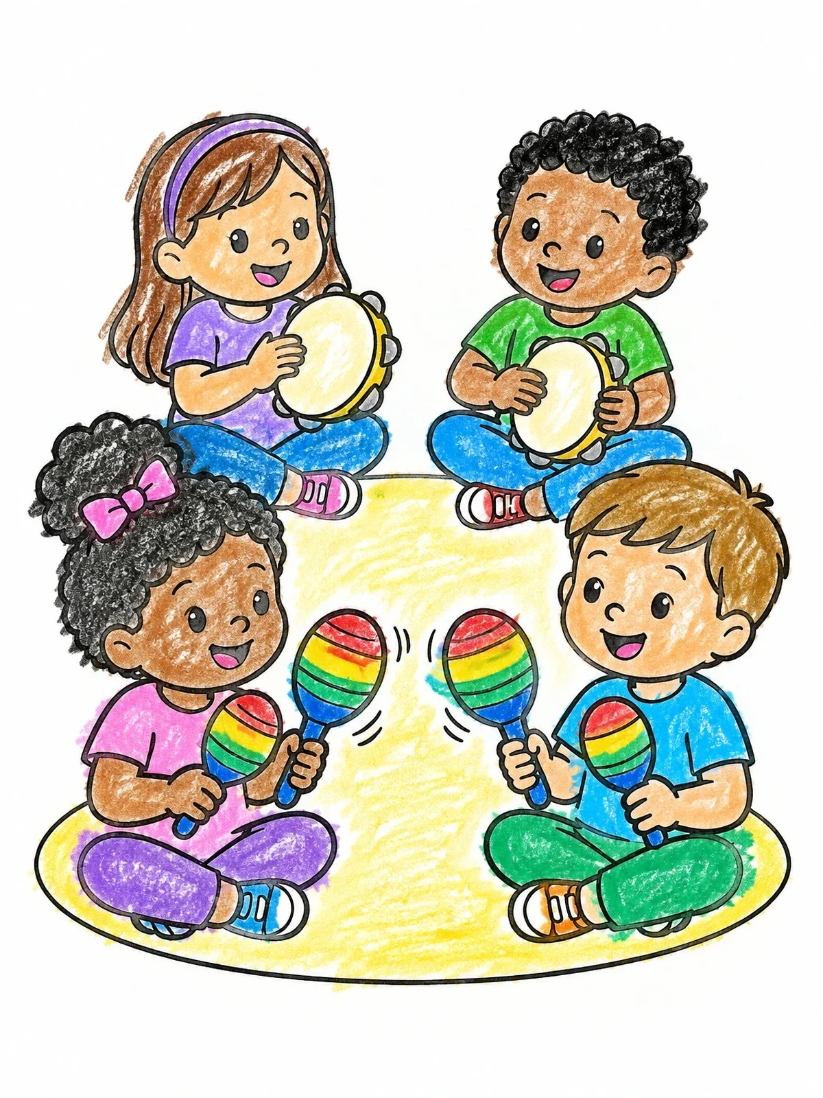 Colored example of the Preschool Music Circle With Maracas coloring page