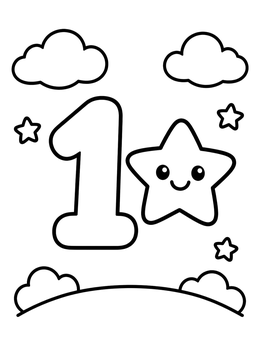 A preschool coloring page featuring a large number one next to a cute smiling star.