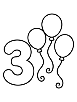 A simple preschool coloring page showing number three beside three floating balloons.