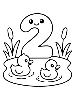 A preschool coloring page featuring a smiling number two with two ducklings swimming on a pond.