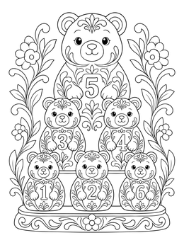 Numbered nesting bear figurines on a preschool coloring page with elegant floral patterns.