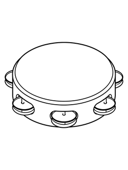 A simple preschool coloring page featuring a cheerful toy tambourine with metal jingles.