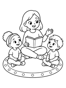 A teacher reads a story to two kids in this preschool coloring page.