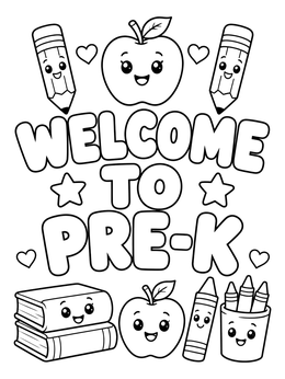 A cheerful preschool coloring page with bubble letters spelling Welcome to Pre-K and smiling school supplies.