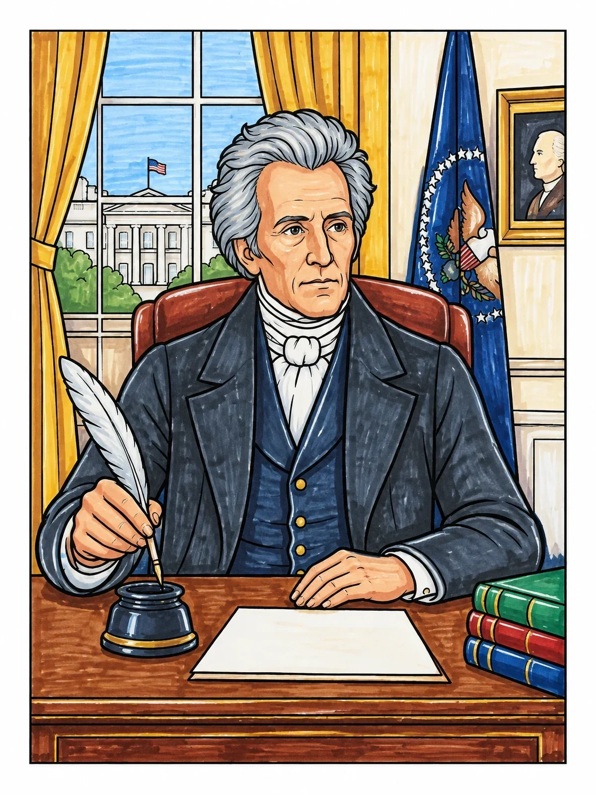 Colored example of the President Andrew Jackson At His Desk coloring page