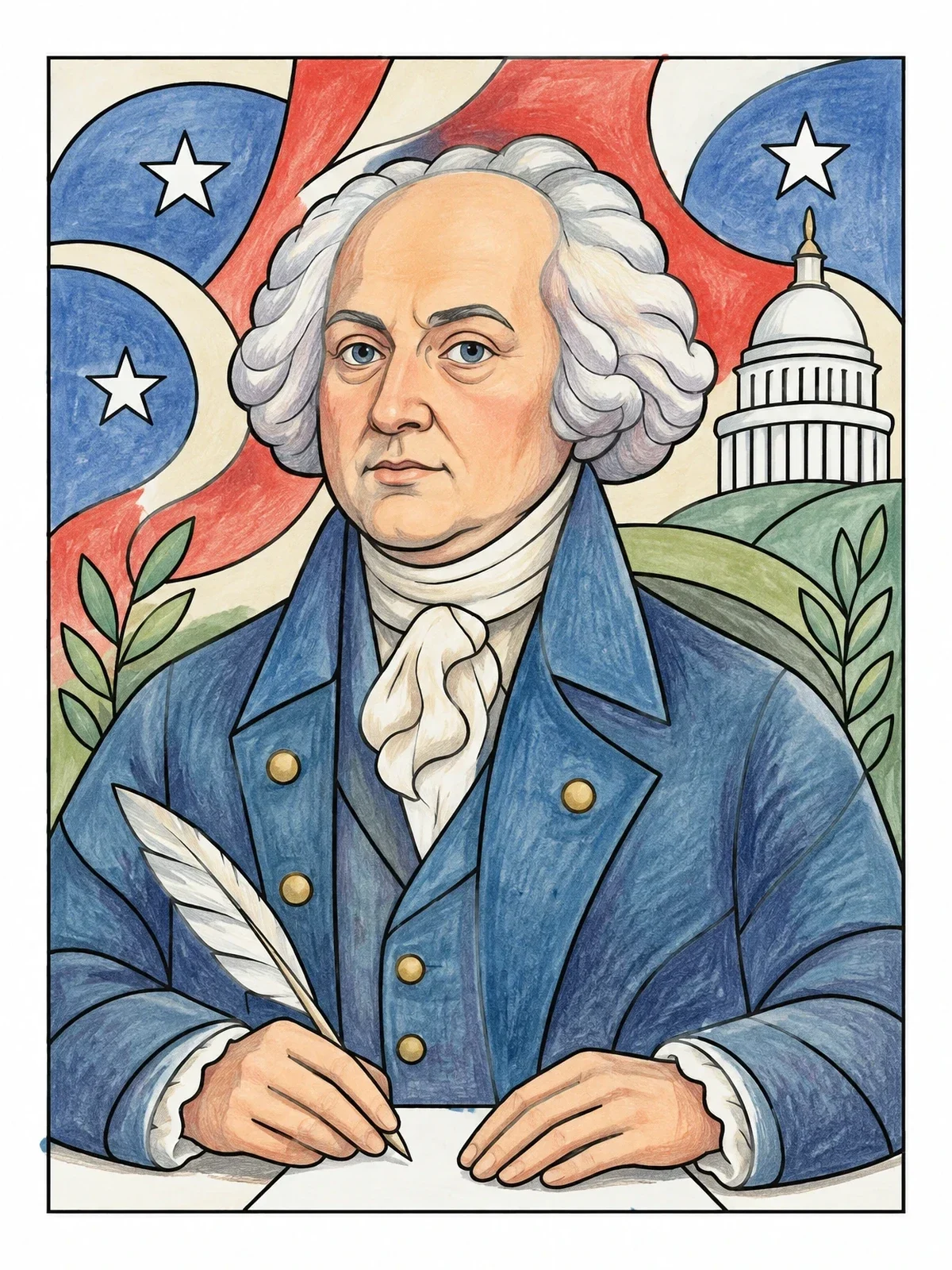 Colored example of the President John Adams Portrait With Quill coloring page