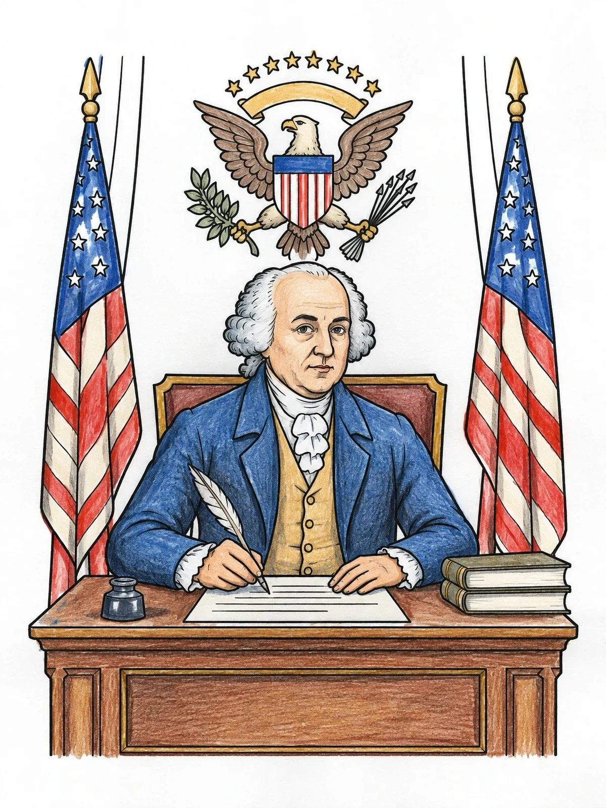 Colored example of the President John Adams At His Desk coloring page
