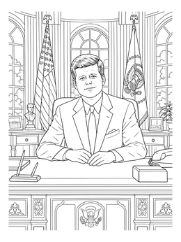 Detailed john f kennedy coloring page seated at the Resolute Desk in the Oval Office.
