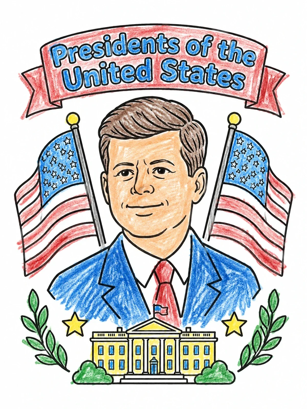 Colored example of the President John F Kennedy Portrait coloring page
