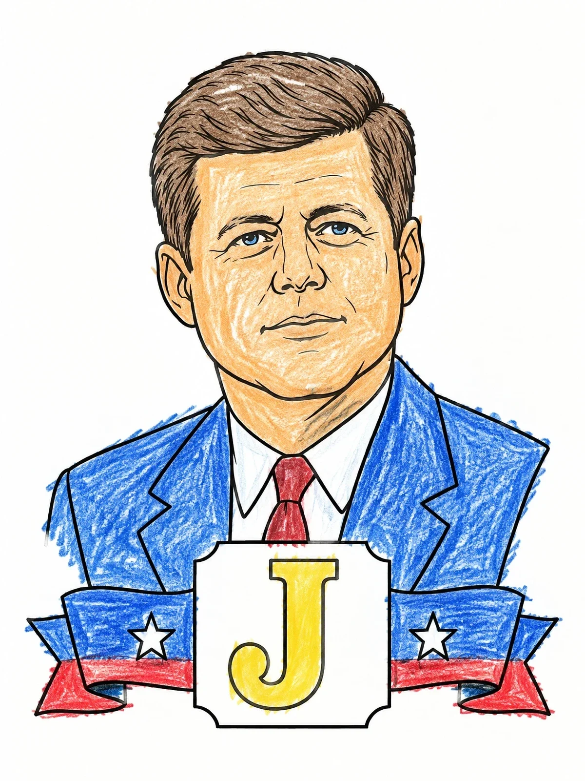 Colored example of the President John F Kennedy Portrait coloring page