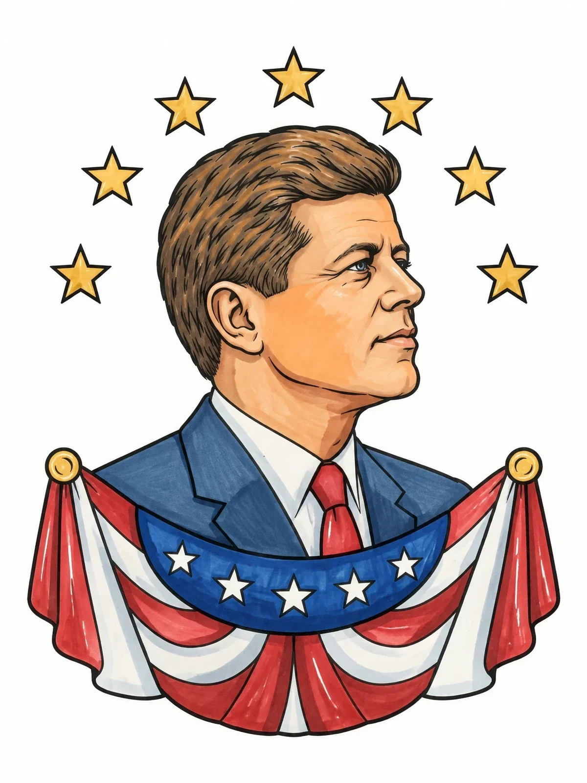 Colored example of the President John F Kennedy Profile Portrait coloring page