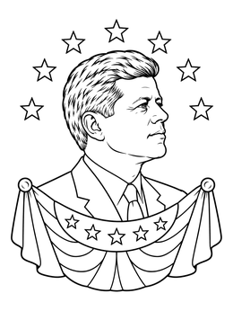 A detailed john f kennedy coloring page featuring the president's profile with stars and patriotic bunting.