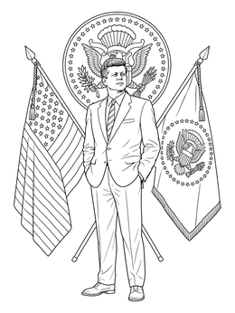 Portrait in this John F Kennedy coloring page with the presidential seal and crossed American flags.