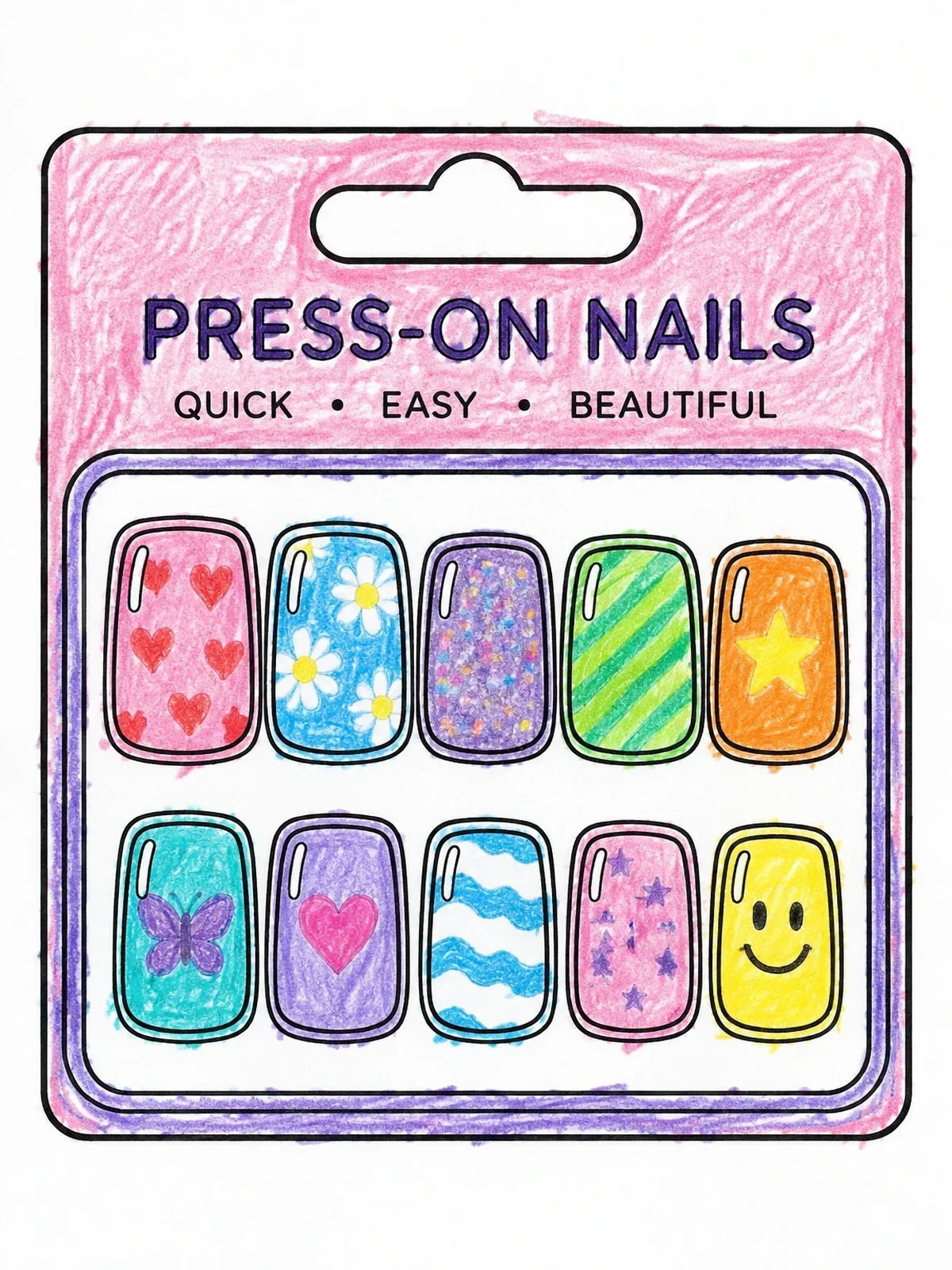 Colored example of the Press On Nails Package Card coloring page