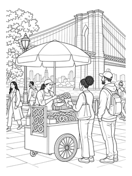 A pretzel cart vendor serves customers in this brooklyn bridge coloring page.