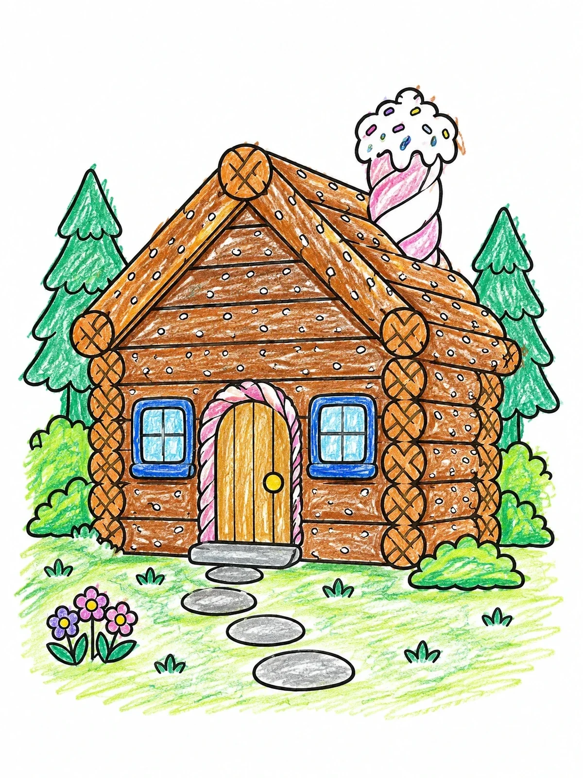 Colored example of the Pretzel Log Cabin In The Woods coloring page