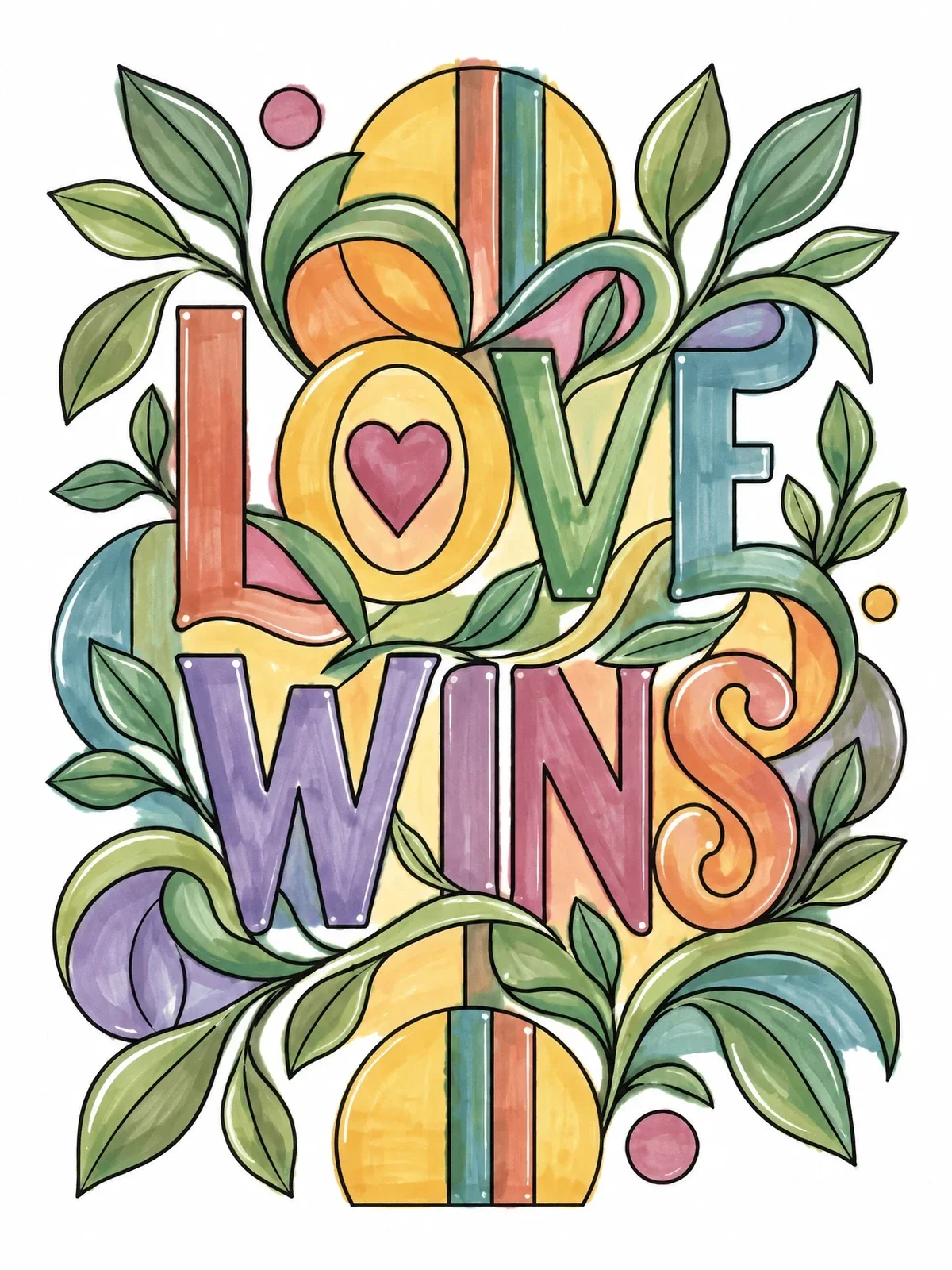 Colored example of the Botanical Love Wins Lettering coloring page