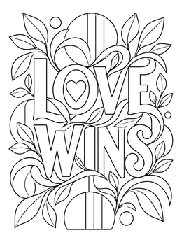 Intricate pride coloring page featuring Love Wins text entwined with leafy vines.