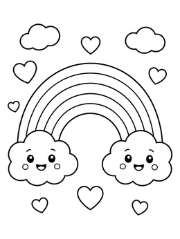 Free printable Cheerful Rainbow With Smiling Clouds coloring page