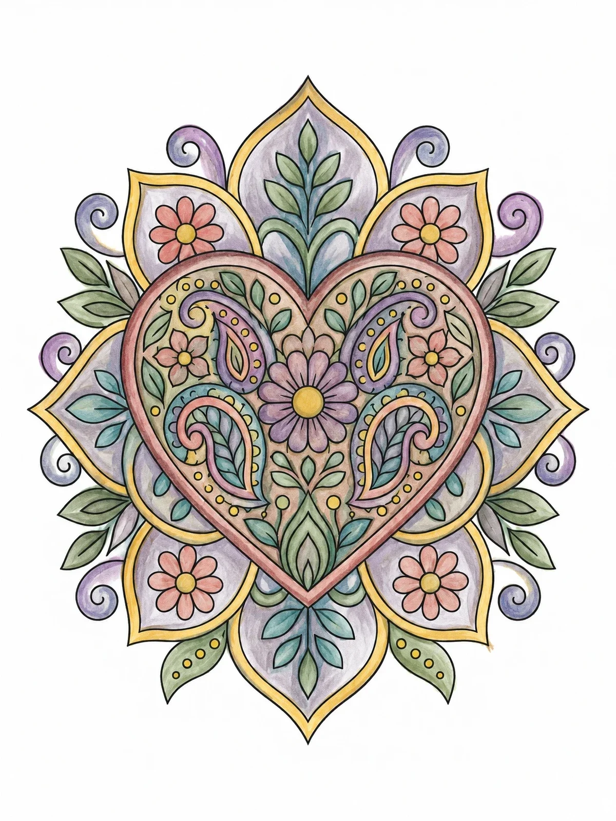Colored example of the Intricate Paisley Heart Mandala coloring page