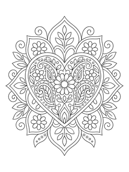 An intricate floral heart mandala in this pride coloring page for relaxation.